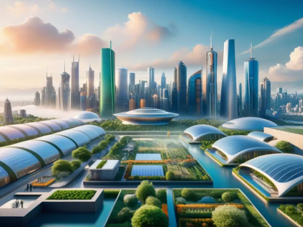 Una ciudad futurista con tecnología avanzada y naturaleza, reflejando la armonía entre ciencia y utopía