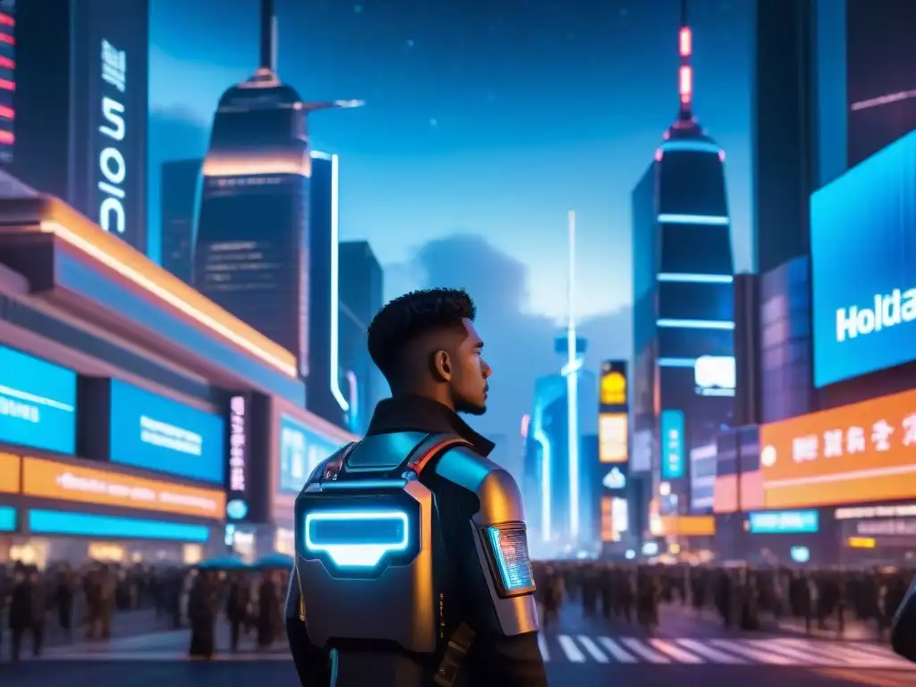 Metrópolis futurista: luces, hologramas y cyborgs en una ciudad avanzada Una ciudad futurista integrando tecnología en el ser, con rascacielos avanzados, cyborgs y calles llenas de vida