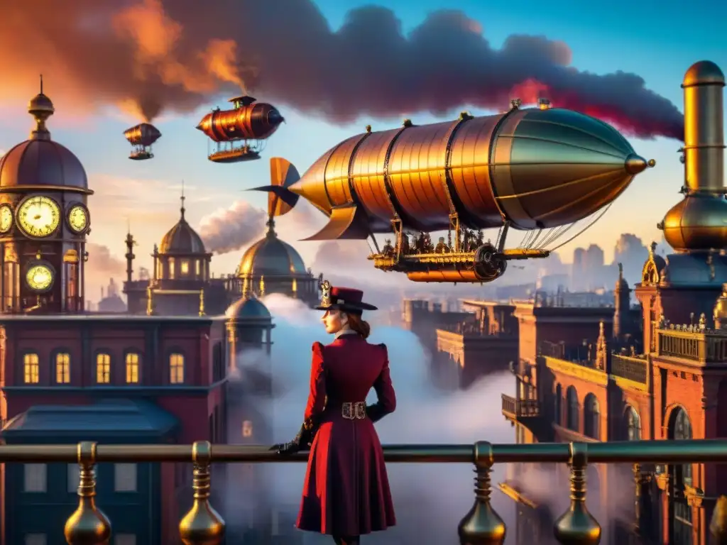 Una ciudad steampunk intrincada con edificios de latón, aire rojizo y un toque de 'Mortal Engines'