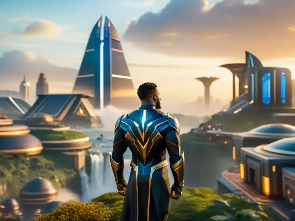 Una ciudad de Wakanda majestuosa al atardecer, fusionando tecnología y tradiciones africanas