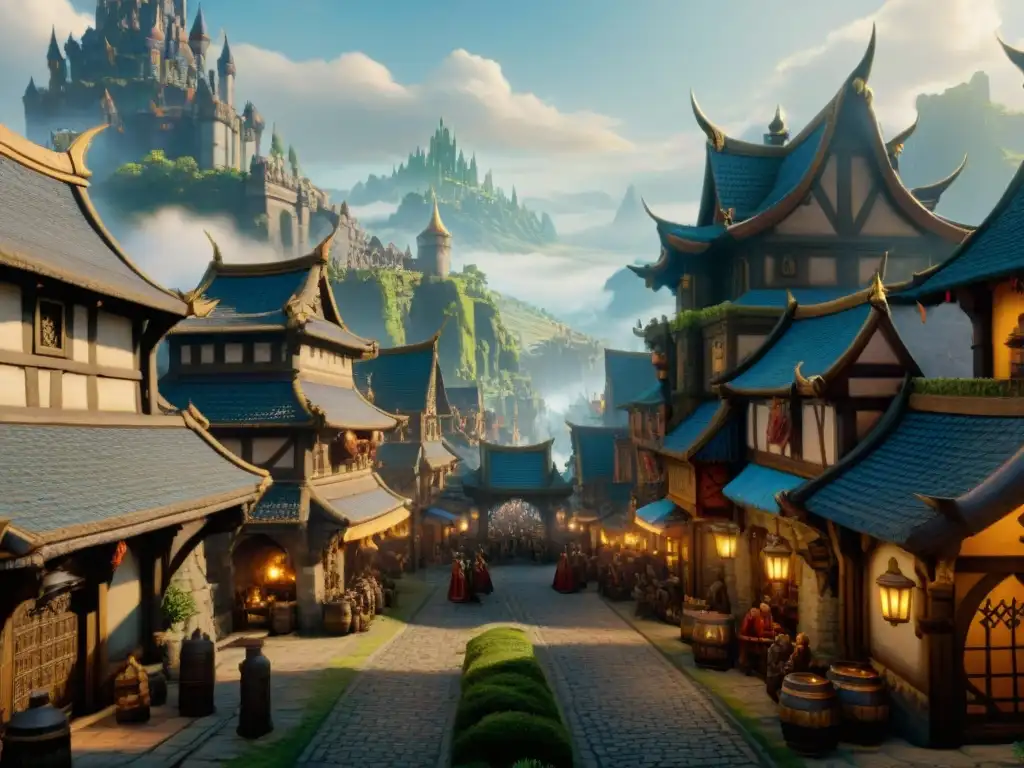 Una ciudad medieval de Warcraft, con murallas, mercados y caballeros, reflejando el sistema feudal en Warcraft análisis