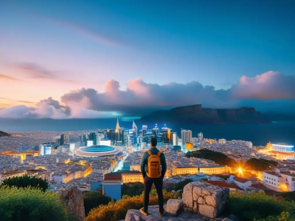 Una ciudad moderna iluminada por luces de neón, con figuras mitológicas griegas y nórdicas integradas en los rascacielos