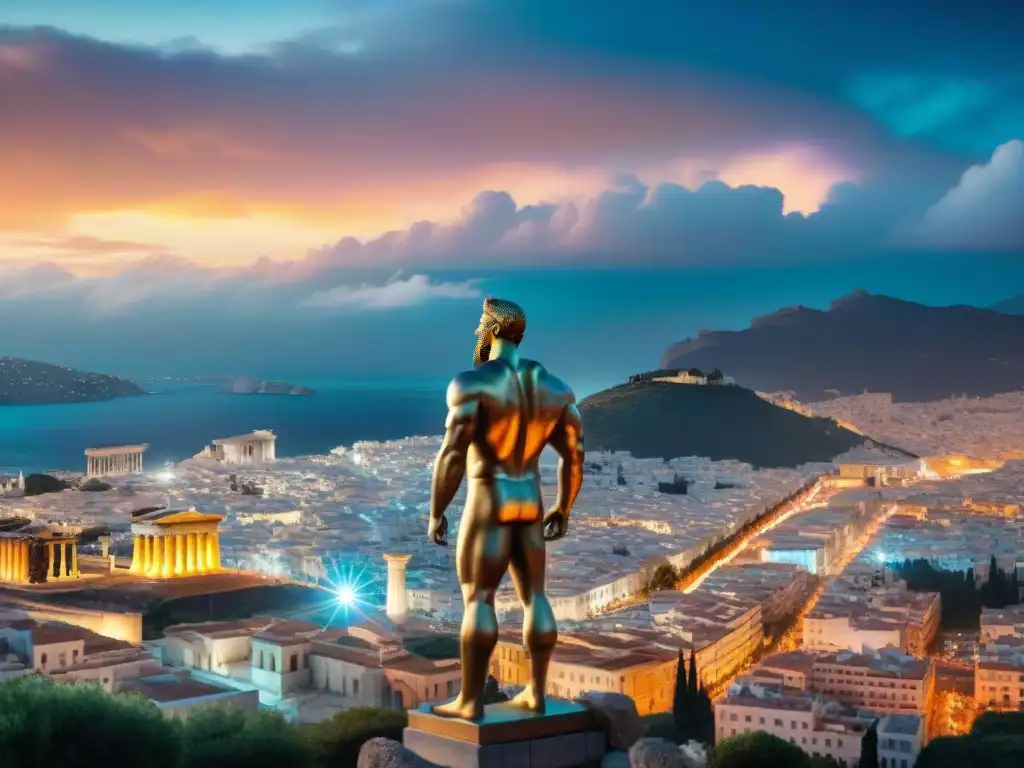 Una ciudad moderna iluminada por luces neón, con estatuas de dioses griegos, fusionando mitología clásica en la sociedad