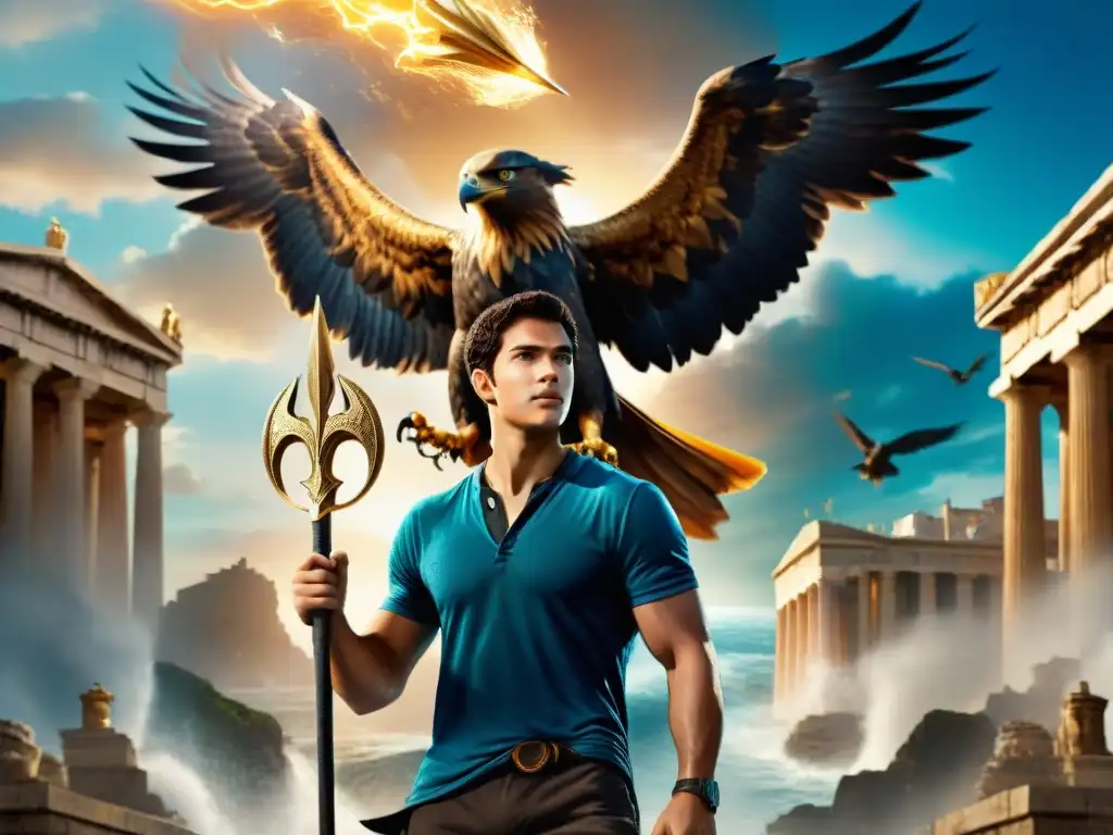 Percy Jackson en la ciudad moderna con influencia de la mitología griega: tridente brillante y águila dorada