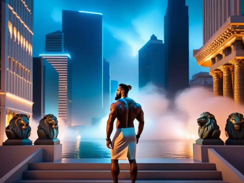 Metrópolis nocturna: Mitos griegos en neón Una ciudad moderna de noche con rascacielos, luces de neón y figuras mitológicas como Medusa, Hércules y Poseidón integradas en la arquitectura