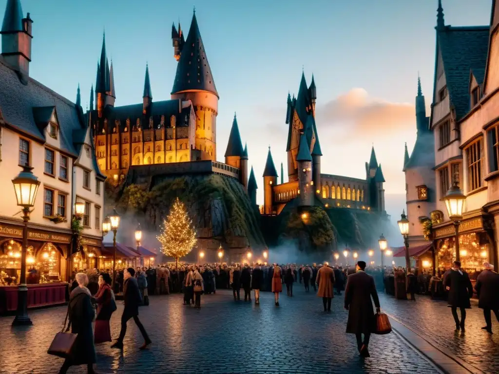 Una ciudad nocturna llena de magia con el castillo de Hogwarts al fondo, fusionando mundos