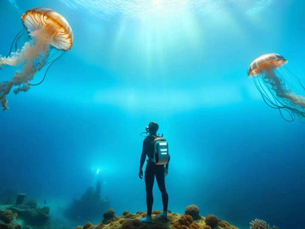 Una ciudad submarina iluminada por una luz azul etérea, con edificios futuristas y peces coloridos