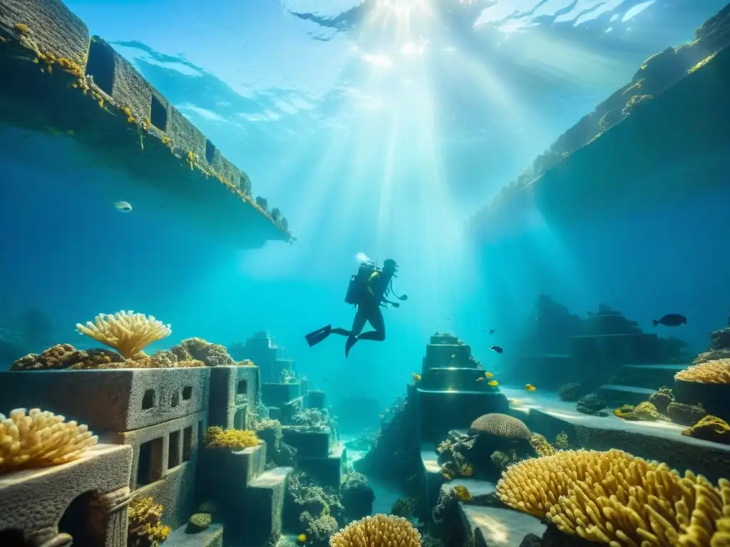 Ciudad submarina iluminada por rayos de sol, con estructuras y ruinas cubiertas de coral, peces coloridos