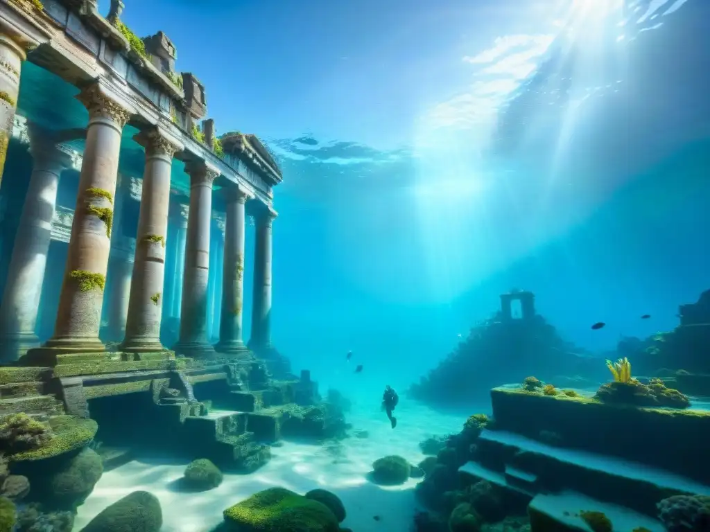 Una ciudad submarina misteriosa, como Atlantis, con edificios de coral, seres bioluminiscentes y rayos de sol