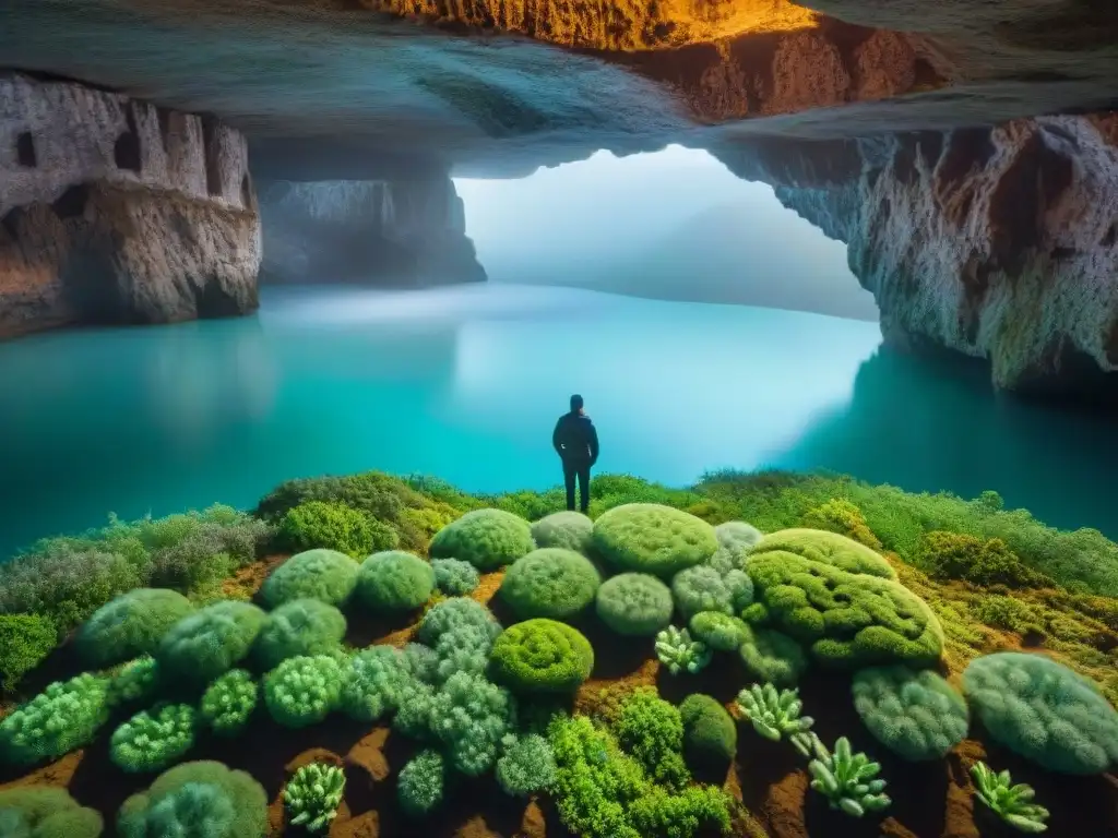 Ciudad subterránea iluminada por plantas bioluminiscentes, reflejando el cielo en lago subterráneo