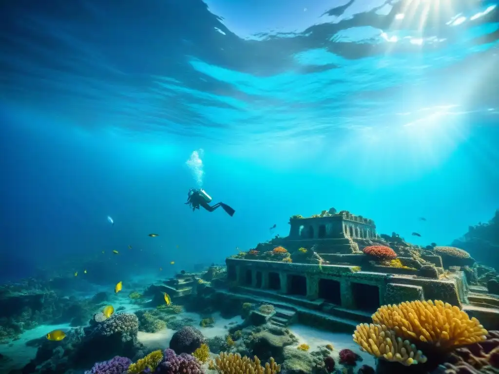 Descubre la ciudad sumergida de Atlantis, con antiguas ruinas, arrecifes de coral y peces en un mundo submarino de ensueño