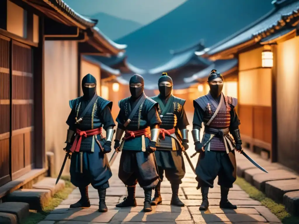 Clanes en el mundo Naruto: Ninjas de distintos clanes en un callejón, con sus atuendos tradicionales y expresiones de determinación y secreto, bajo la luz de la luna