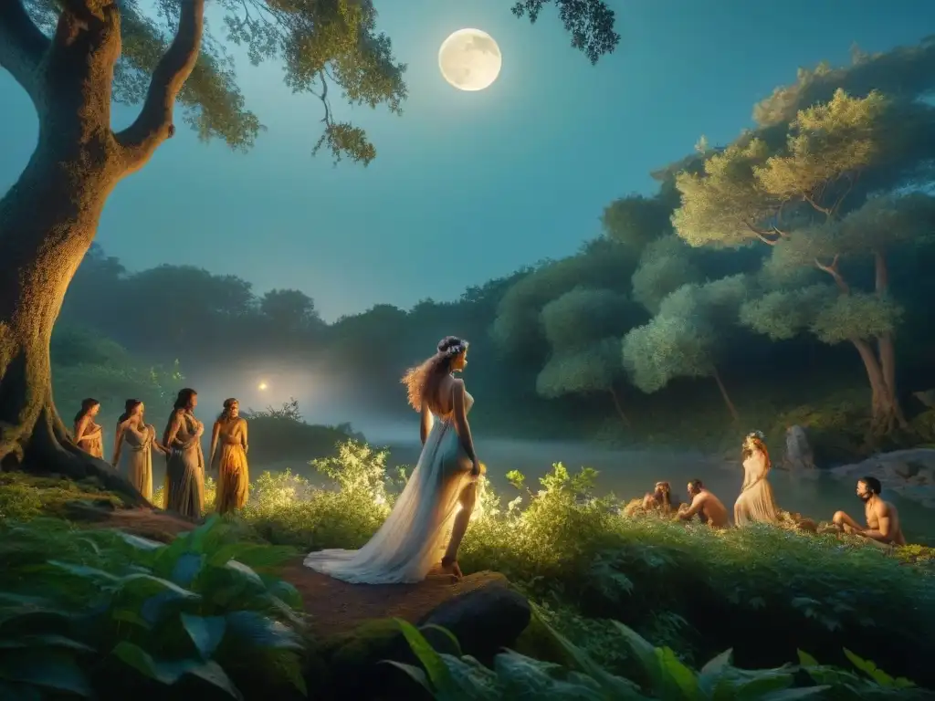 Un claro en el bosque iluminado por la luna donde ninfas y sátiros danzan, evocando erotización de lo Mítico Cultura