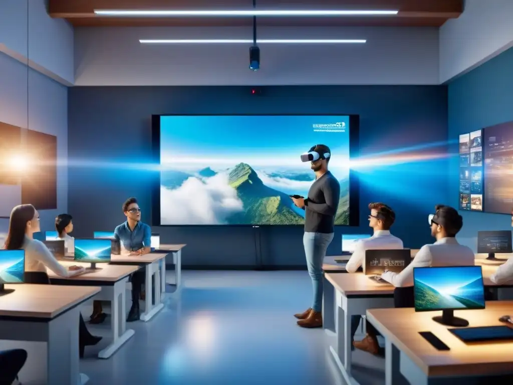 Una clase futurista en un mundo virtual, donde estudiantes usan VR y herramientas educativas de alta tecnología