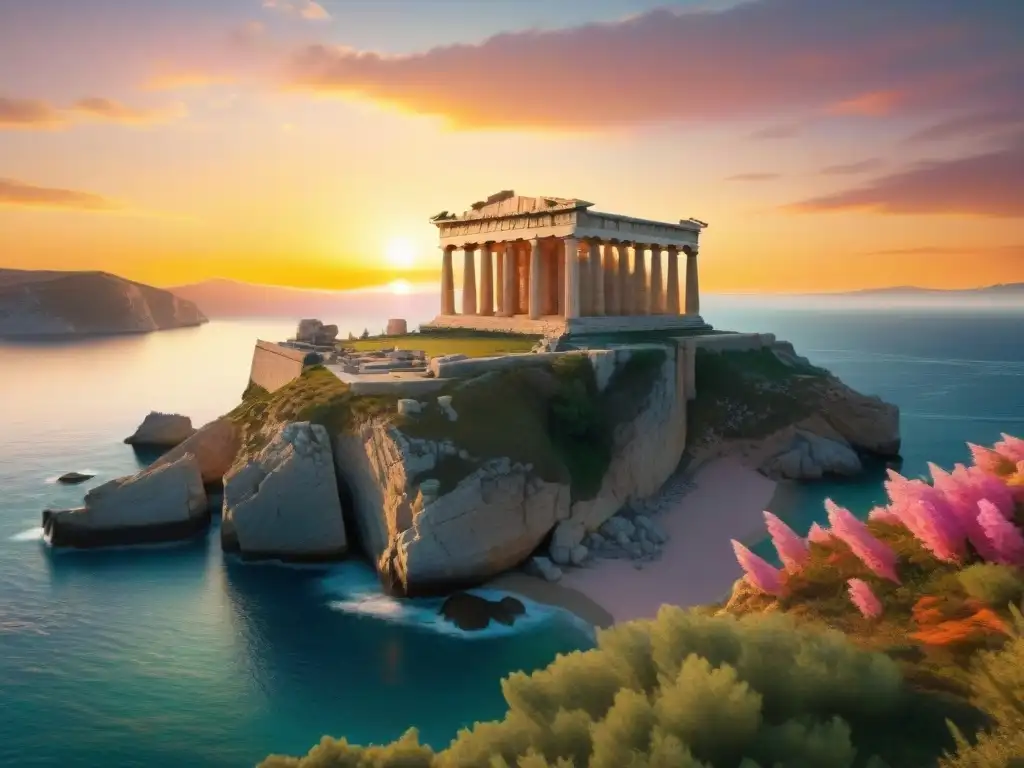 Adaptación mitologías clásicas cine televisión: majestuoso templo griego en acantilado con vista al mar al atardecer