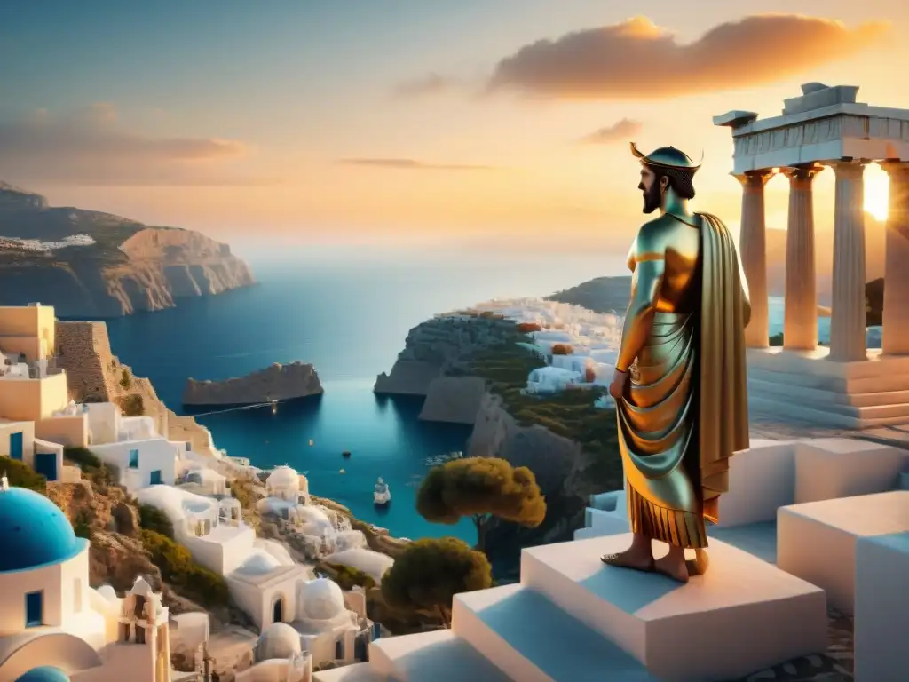 Adaptación mitologías clásicas cine televisión: Ciudad mítica de la antigua Grecia al atardecer con templo y figura griega contemplando el mar