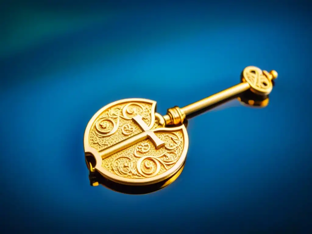 Una clave dorada con antiguos símbolos, sumergida en agua brillante bajo la luna llena en un cielo estrellado