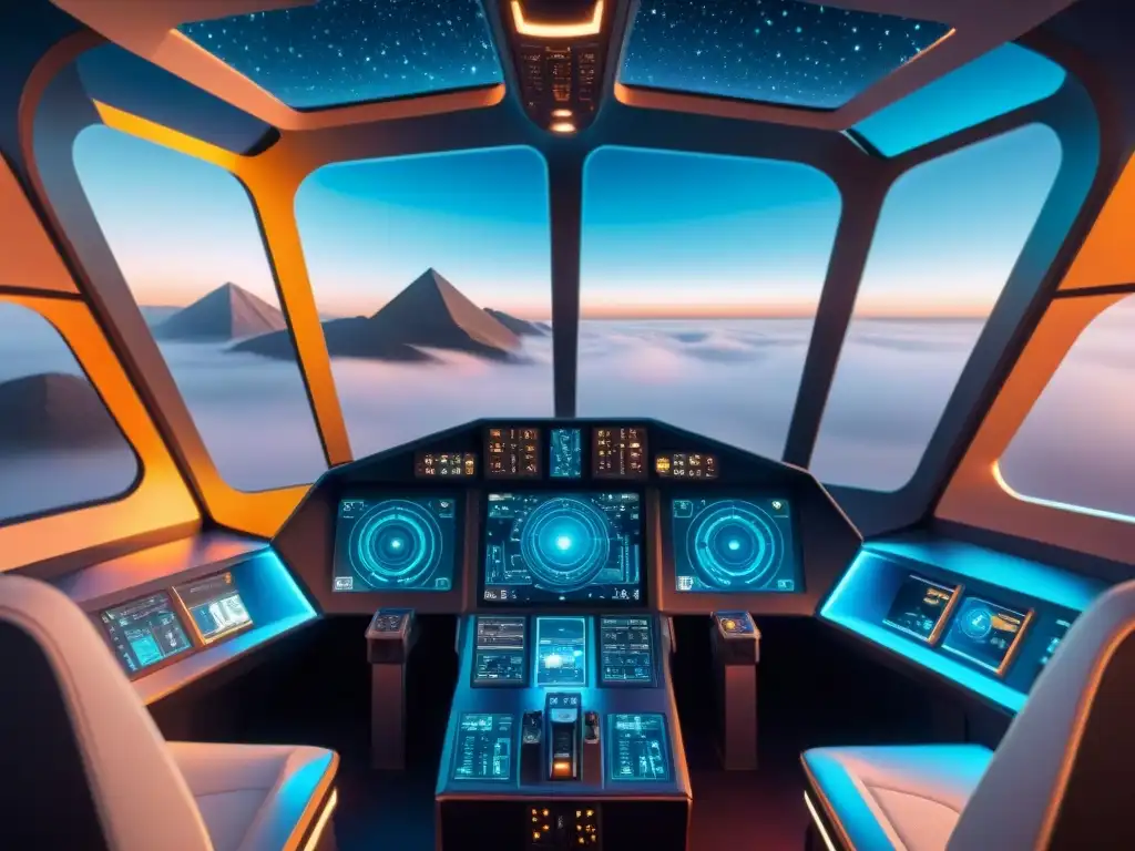 Cockpit futurista de nave espacial con comunicación en la ciencia ficción y símbolos alienígenas