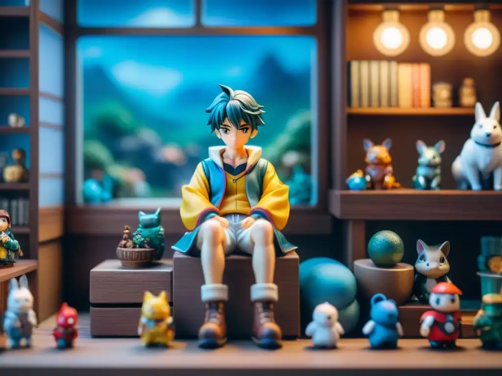 Colección figuras anime mundos ficticios meticulosamente exhibidas en habitación iluminada