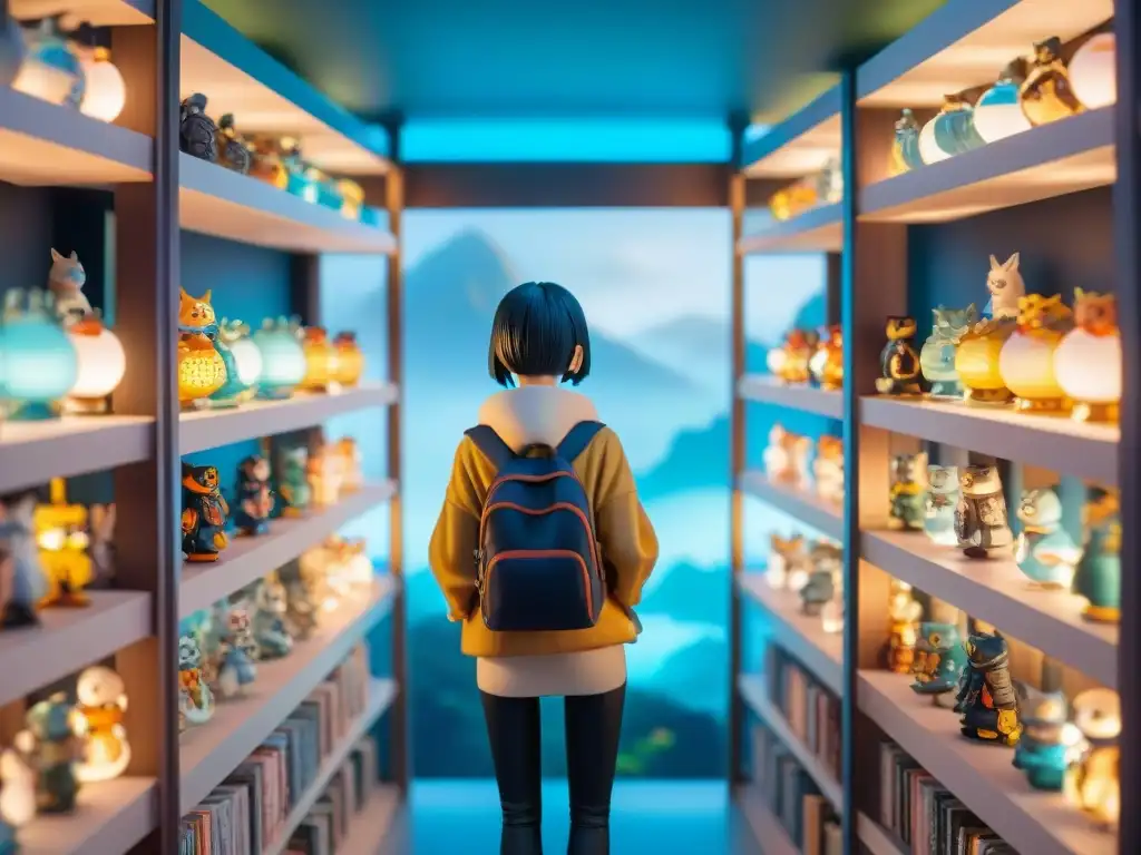 Una colección de figuras anime de mundos ficticios iluminadas en una habitación dramática y detallada