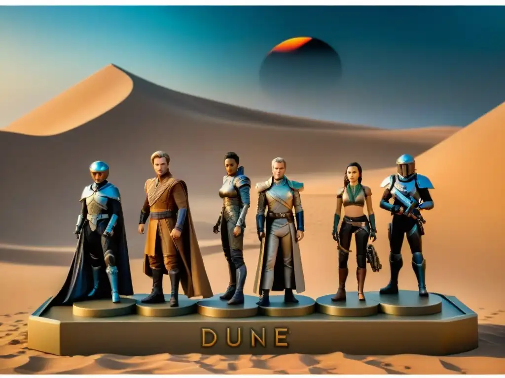 Una colección de figuras de acción de temática Dune, detalladas y en una estantería futurista, capturando la esencia de la mitología Dune