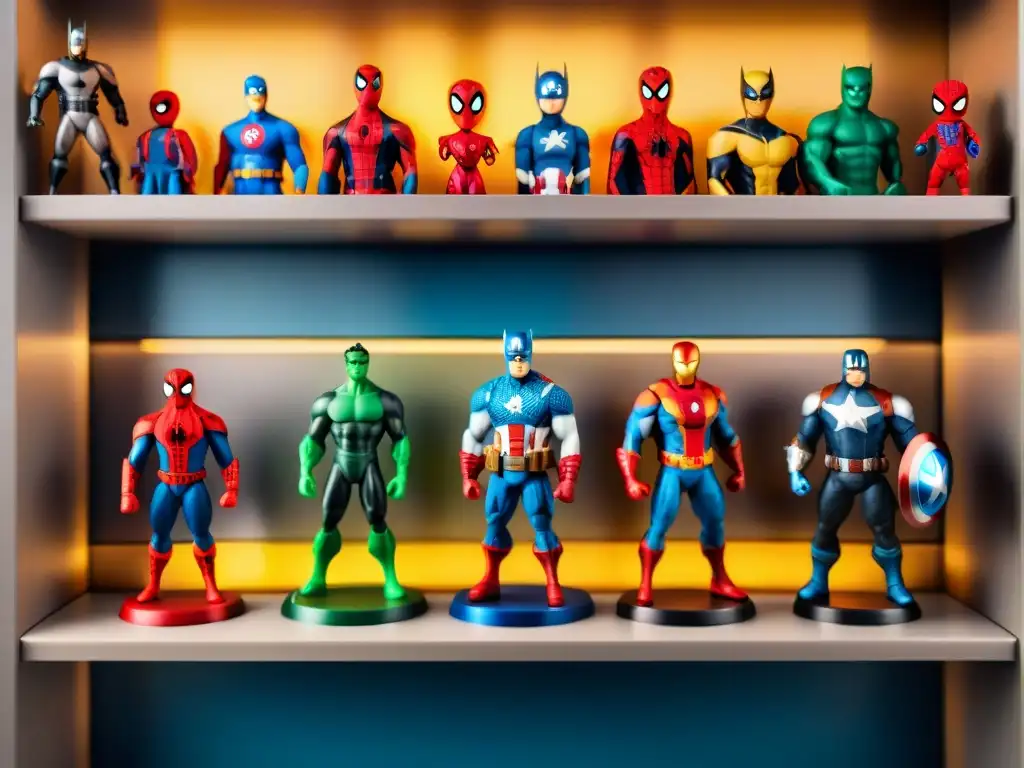 Una colección impresionante de figuras de acción de Marvel en un estante moderno y elegante, con detalles vibrantes y colores icónicos