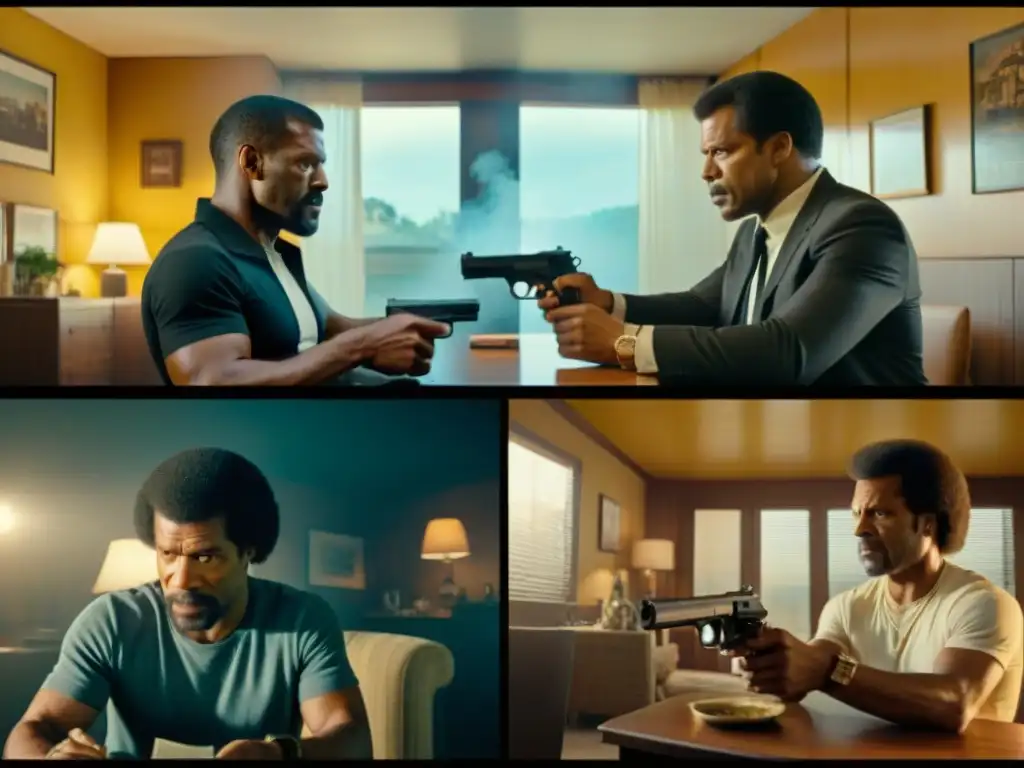 Un collage detallado en 8k muestra escenas icónicas de 'Memento' y 'Pulp Fiction', destacando la narrativa no lineal en cine