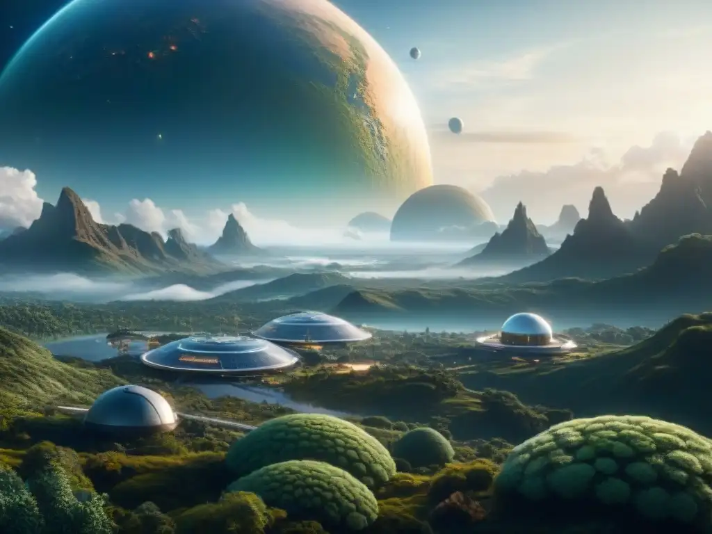 Colonia espacial futurista en planeta exoplanetario habitable, tecnología avanzada y paisaje alienígena