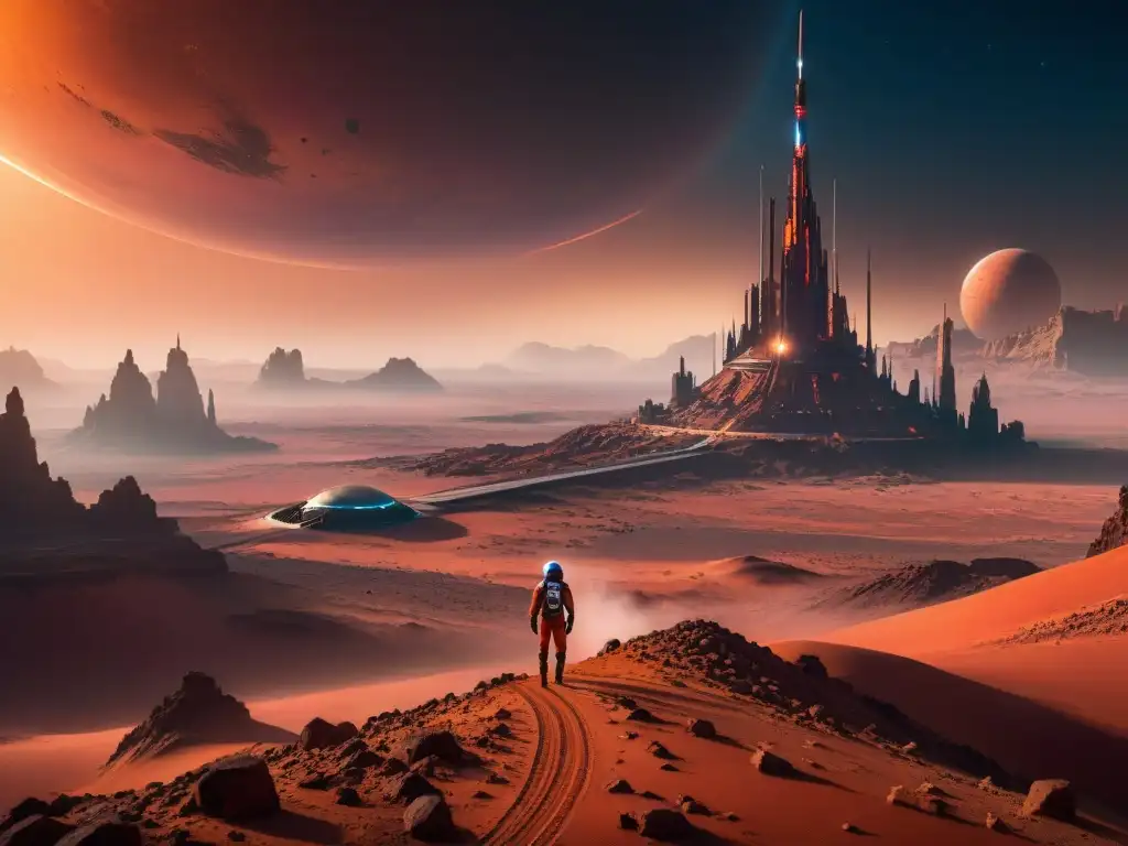 Una colonización espacial futurista en Marte con rascacielos innovadores y paisaje marciano