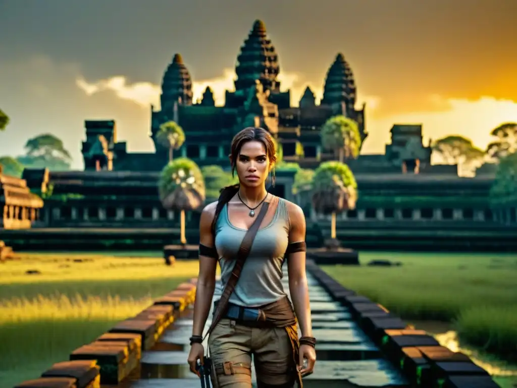 Lara Croft en Angkor Wat al amanecer, con colores vibrantes iluminando las ruinas antiguas y la exuberante jungla, como en Tomb Raider