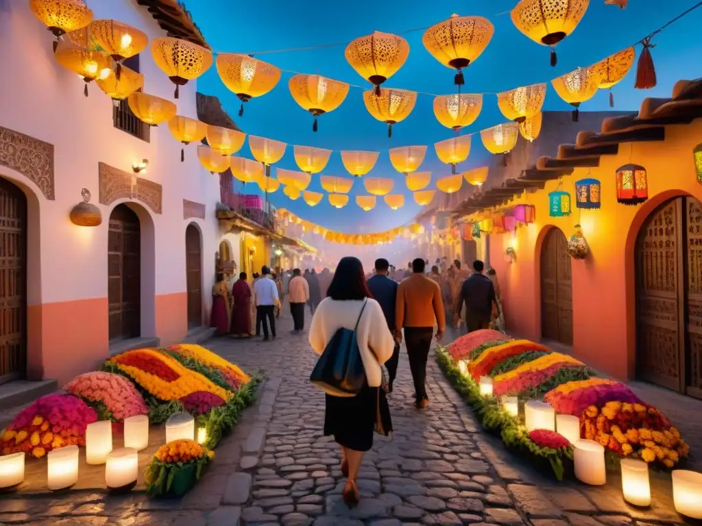 Una colorida escena de mercado mexicano al atardecer con ofrenda y papel picado