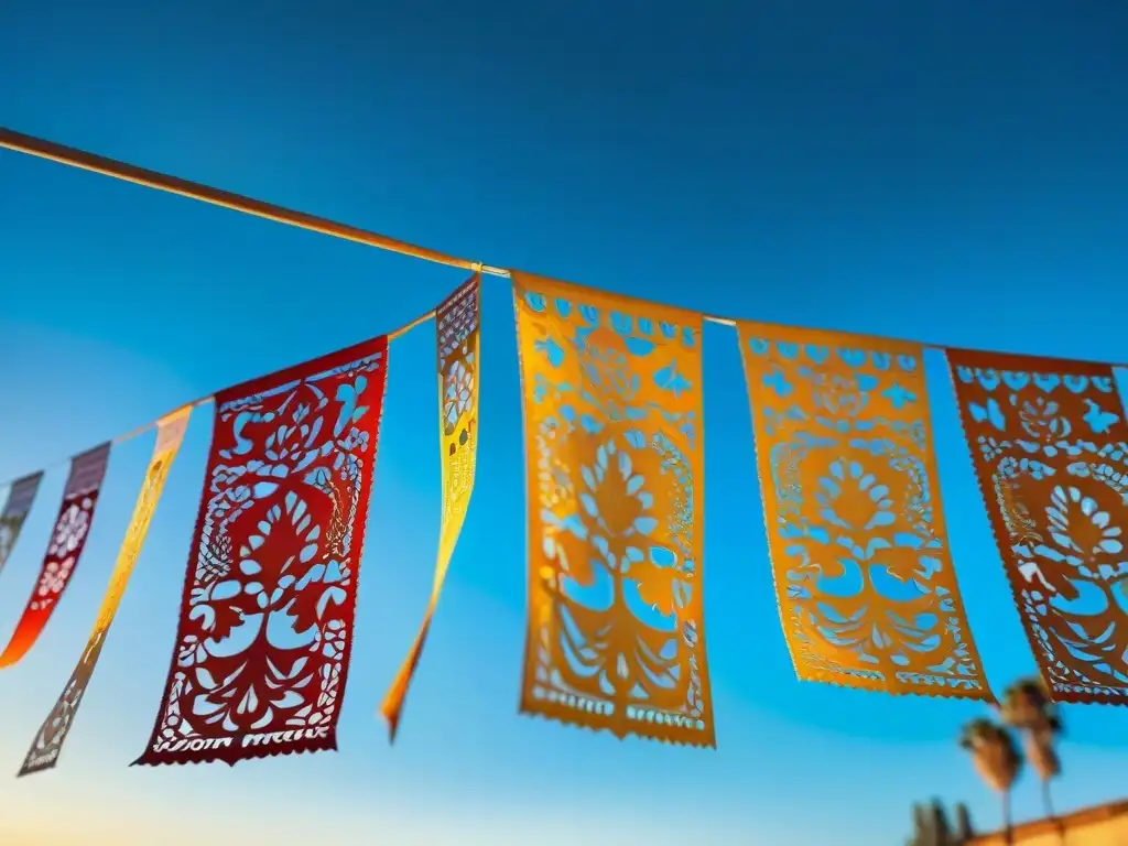 Coloridos papel picado mexicano en Coco: danzarines esqueletos, flores vibrantes y músicos mariachi bajo el cielo dorado al atardecer