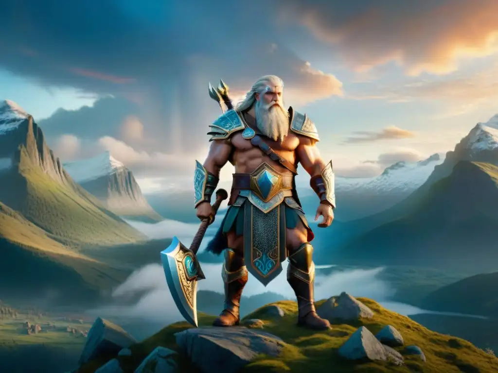 Un colosal gigante nórdico en armadura con un martillo en paisaje fantástico