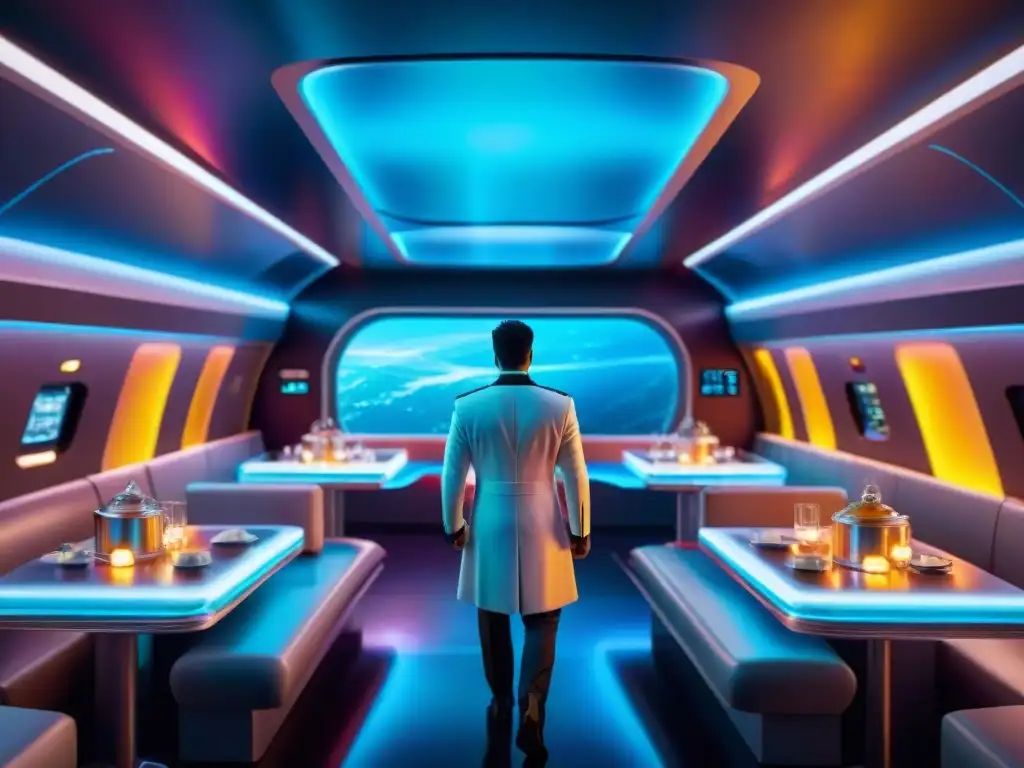 Un comedor futurista en una nave espacial con tecnología avanzada replicando platillos coloridos y exóticos