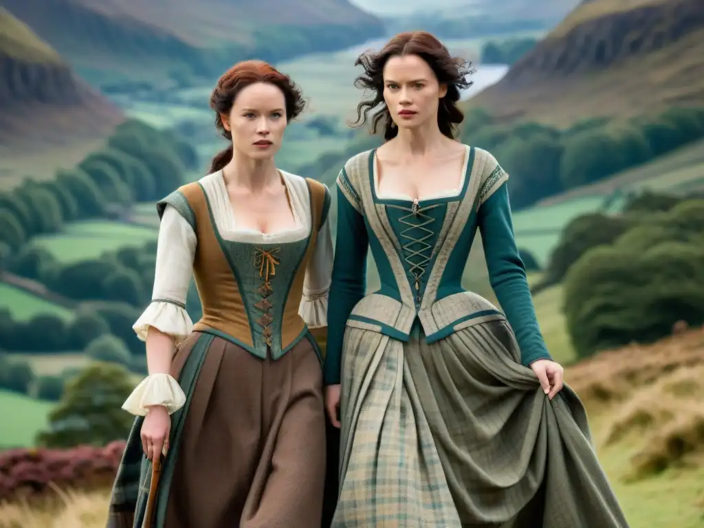 Una comparación detallada en pantalla dividida de Claire Fraser y Brianna Randall en trajes de diferentes épocas