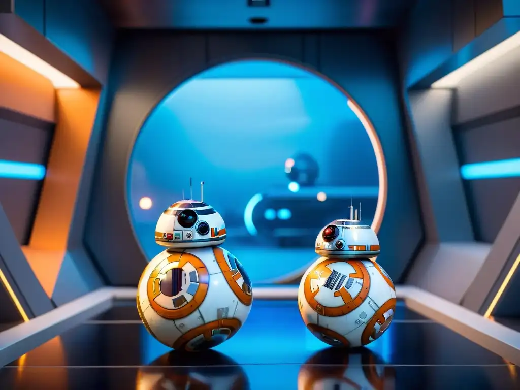 Una comparación entre R2D2 y BB8 de Star Wars en un laboratorio de robótica futurista