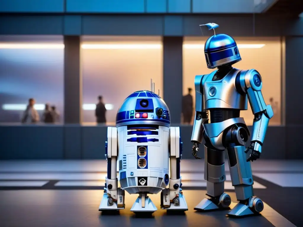 Una comparación tecnológica entre R2D2 de Star Wars y un robot humanoide moderno en un escenario futurista