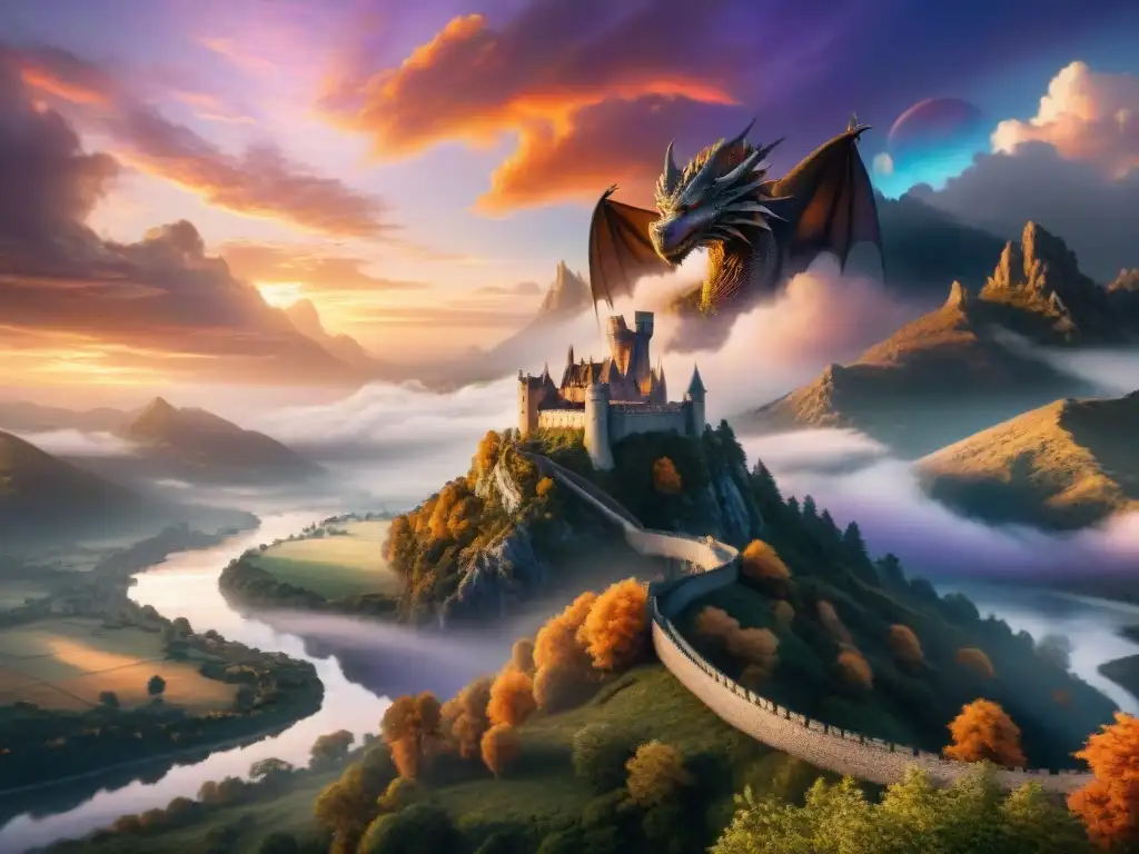 Comparativa geográfica entre Westeros y Europa Medieval: paisaje mítico con dragón volando sobre castillo en acantilado al atardecer