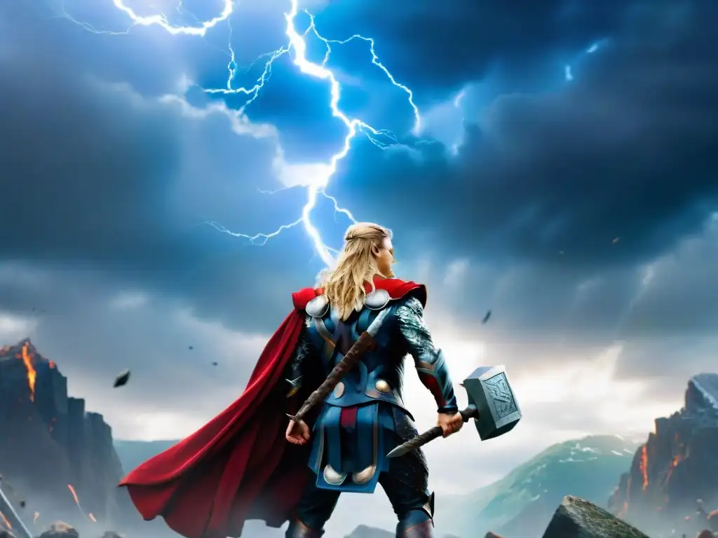 Comparativa mitología nórdica Thor: Thor poderoso en batalla rodeado de criaturas mitológicas en un campo de batalla tormentoso