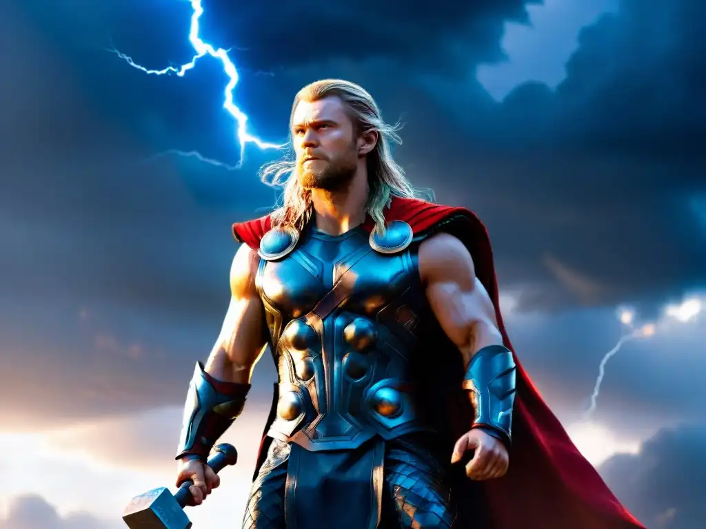 Comparativa mitología nórdica Thor: Imagen épica de Thor con Mjolnir entre relámpagos y nubes tormentosas, mostrando poder y fuerza