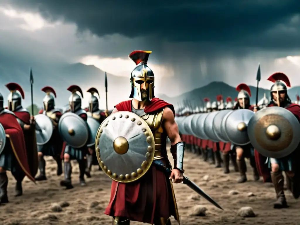 Comparativa mitología guerrera en ficción: Rey Leónidas y sus guerreros espartanos en formación para la batalla en '300'