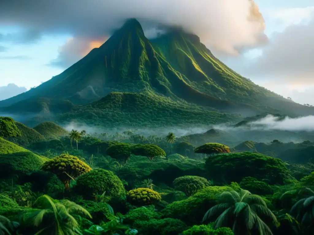 Comparativa volcanes ficticios reales: Isla Nublar, un paraíso tropical con un volcán dormido entre la neblina y exuberante vegetación