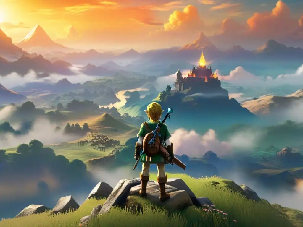 Link contempla la geografía compleja del mundo Zelda al borde de un acantilado al atardecer