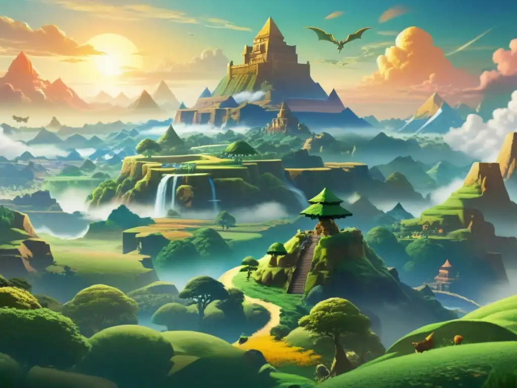 La geografía compleja del mundo Zelda cobra vida en esta detallada ilustración de Hyrule, con sus icónicos paisajes y una sensación de aventura