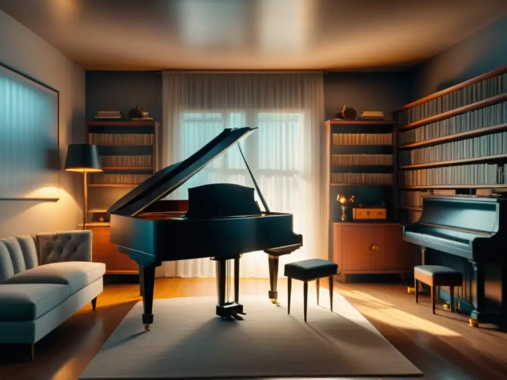 Compositor de bandas sonoras fantásticas creando música mágica en un cuarto lleno de instrumentos vintage, iluminado por una luz tenue