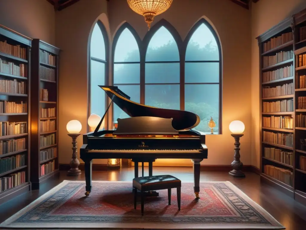 Un compositor de bandas sonoras fantásticas toca el piano en una habitación misteriosa y creativa, iluminada por velas y la luz de la luna