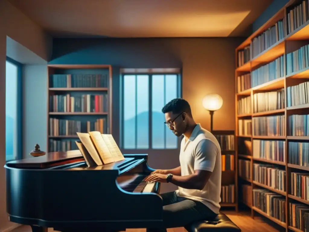 Compositor escribiendo música en piano, rodeado de libros y instrumentos