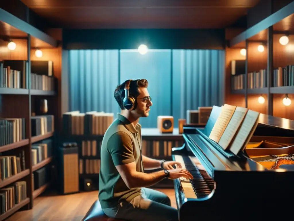 Un compositor talentoso toca el piano en un estudio rodeado de libros vintage