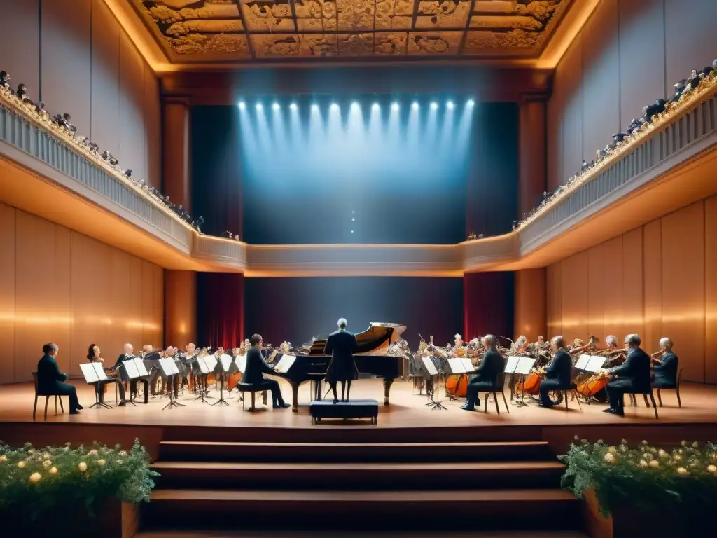 Compositores reales crean música en majestuosa sala de conciertos iluminada, rodeados de instrumentos y notas musicales en un ambiente de fantasía