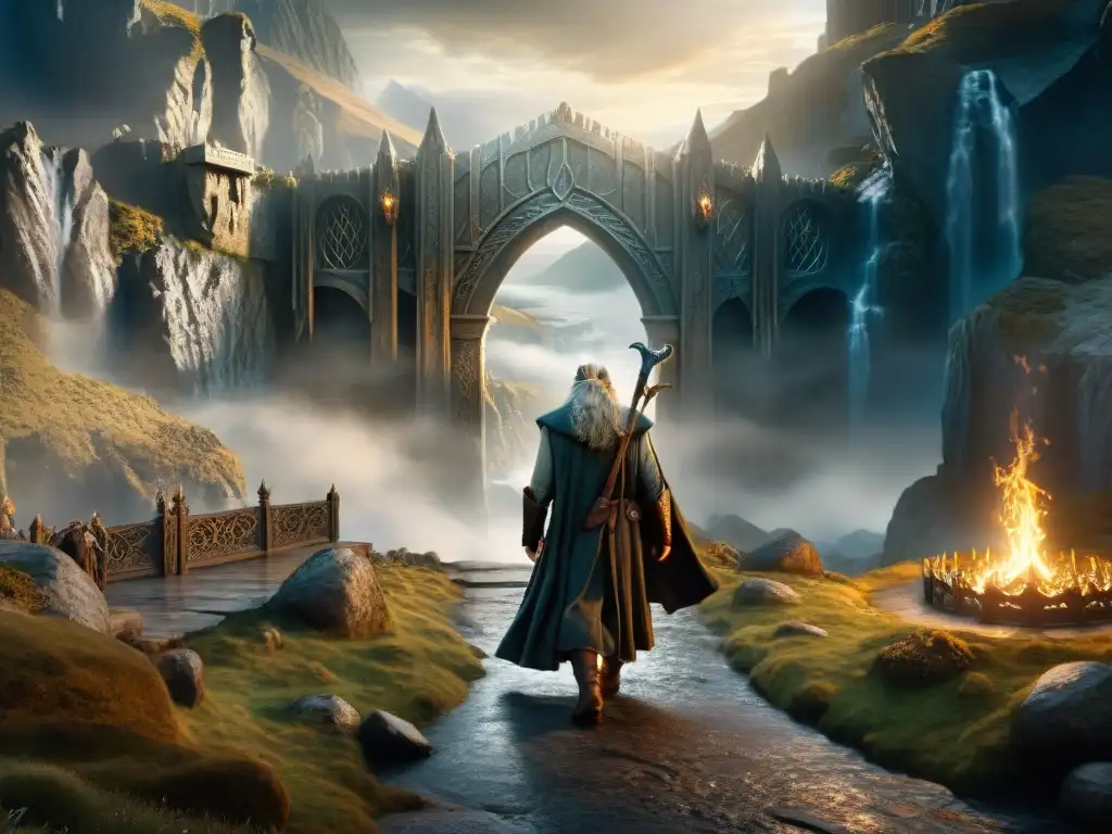 La Comunidad del Anillo en la entrada de las Minas de Moria, con Gandalf a la cabeza